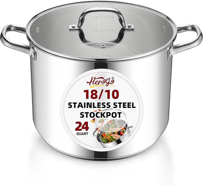 Herogo 24-Quart 18/10 Stainless Steel Stock Pot with Lid, Large Heavy Duty Soup Pot Compatible with Electric, Gas, Induction and Gas Cooktops, Non-Toxic & Corrosion Resistant, Dishwasher Safe