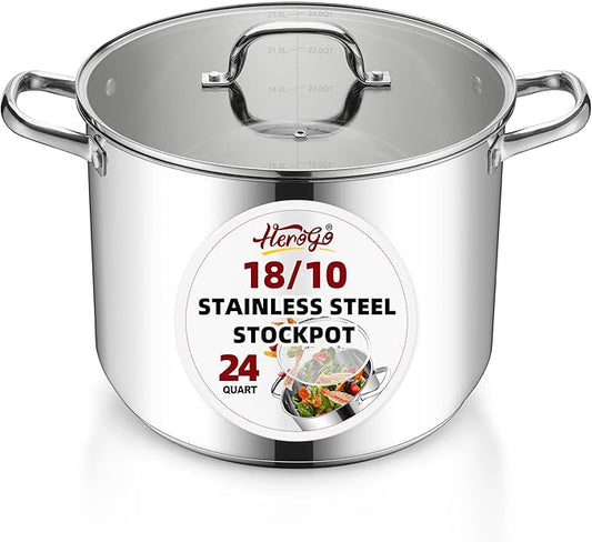 Herogo 24-Quart 18/10 Stainless Steel Stock Pot with Lid, Large Heavy Duty Soup Pot Compatible with Electric, Gas, Induction and Gas Cooktops, Non-Toxic & Corrosion Resistant, Dishwasher Safe