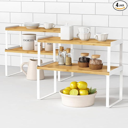 Goozii Kitchen Cabinet Organizer Shelf Set of 4, Large Stackable Pantry Cupboard Countertop Storage and Organizer, Desk Shelf Riser, Spice Plate Cup Expandable Storage Rack (Bamboo White)