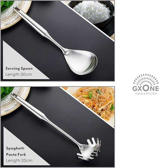 Kitchen Utensil Set – 6 Piece Stainless Steel Cooking Utensils with Rotating Holder Organizer Includes Slotted Spoon, Slotted Spatula, Large Spoon, Soup Ladle, Spatula, Pasta Server Silver/7PCS - Image 3