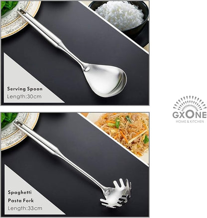 Kitchen Utensil Set – 6 Piece Stainless Steel Cooking Utensils with Rotating Holder Organizer Includes Slotted Spoon, Slotted Spatula, Large Spoon, Soup Ladle, Spatula, Pasta Server Silver/7PCS - Image 3