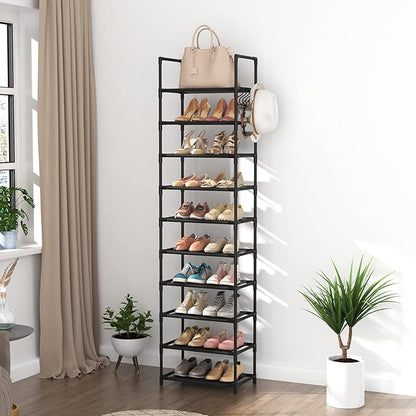 LANTEFUL 10 Tiers Tall Shoe Rack 20-25 Pairs Boots Organizer Storage Sturdy Narrow Shoe Shelf for Entryway, Closets with Hooks, Black - Image 7