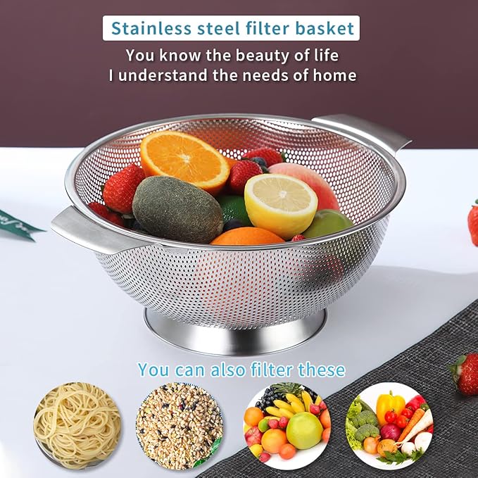 Kyraton Stainless Steel Colander 5 Quart, Professional Strainer with Heavy Duty Handles and Self Draining Solid Ring Base for Pasta, Spaghetti, Berry, Veggies, Fruits, Noodles, Salads Dishwasher Safe