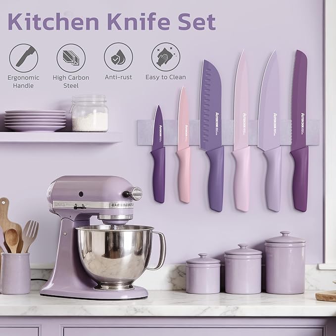 Astercook Knife Set, 13 Pieces Kitchen Knives Set with Healthy Anti-Rust Coating, Dishwasher Safe, Stainless Steel Chef Knife Sets with 6 Blade Guards, Perfect Mothers Day Gifts for Kitchen Purple - Image 4