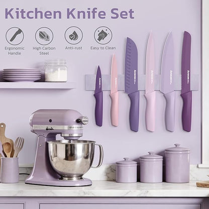 Astercook Knife Set, 13 Pieces Kitchen Knives Set with Healthy Anti-Rust Coating, Dishwasher Safe, Stainless Steel Chef Knife Sets with 6 Blade Guards, Perfect Mothers Day Gifts for Kitchen Purple - Image 4