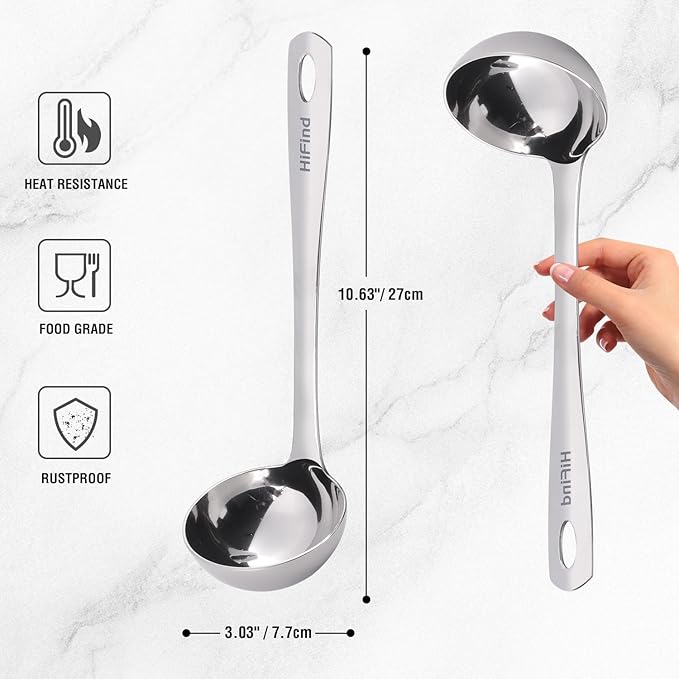 HIFIND Large Ladle Spoon 10.6 Inches Stainless Steel, Heavy Duty Mirror Polished Cooking Utensil, Dishwasher Safe, Kitchen Serving Tool, Rust-Resistant Metal Unique Soup Spoon - Image 2