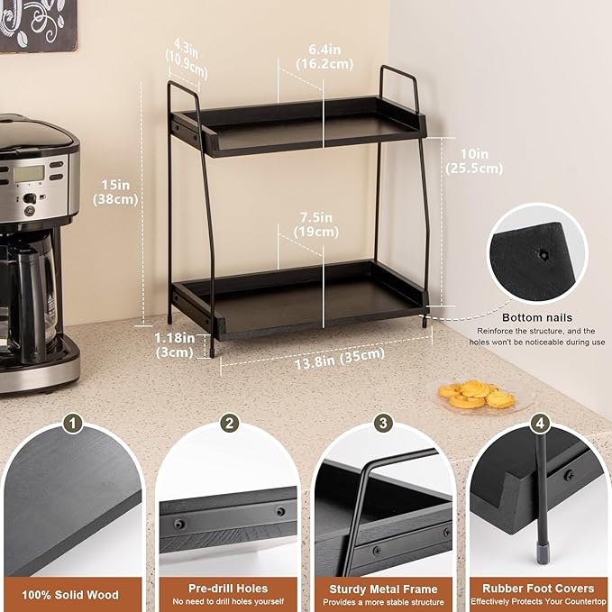 ANBOXIT 2-Tier Coffee Station Organizer, Wooden Kitchen Counter Shelf - Black - Image 3