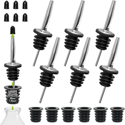 6PCS Bottle Pourer with Adapters, Oil Pourer Spout with Rubber Dust Caps, Stainless Steel Liquor Pour Spout, Speed Pourers for Alcohol, Olive Oil, Bartender Accessories