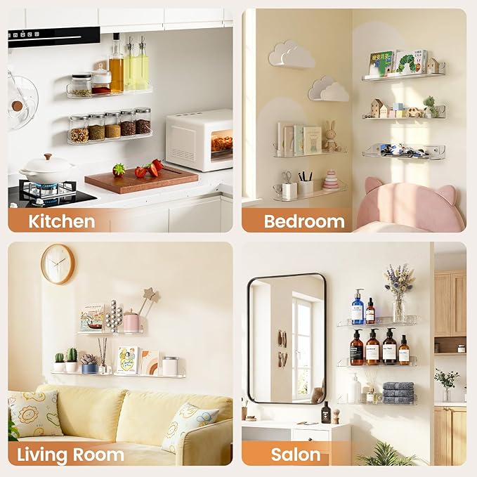 SpaceWhisper Floating Shelves for Wall, 10-Pack 15" Wall Shelves for Bathroom, Bedroom, Living Room, Display Hanging Shelf Organizer for Book, Picture Ledge, Figure Storage, Room Decor (Clear)