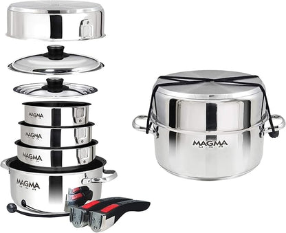 Magma 10 Piece Gourmet Nesting Stainless Steel Cookware Set with Ceramica Non-Stick, Induction Compatible, Oven Safe to 500°F - Suitable for All Stovetops, Removable Handles, Silver