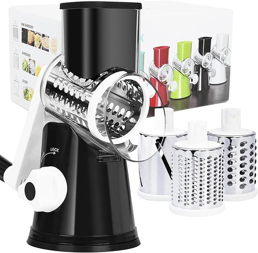 Rotary Cheese Grater with Handle, Kitchen Mandoline Vegetable Slicer with 3 Interchangeable Blades & Strong Suction Base, Easy to Clean Grater for Vegetables, Fruit, Nuts, Black by REDPANT