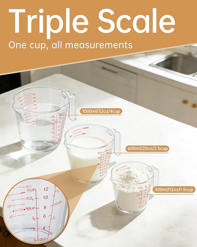 Measuring Cups, Plastic Measuring Cups Set of 3-1000ml, 600ml, 300ml with Spout & Easy-Pour Design, Leak-Proof, Cooking, Baking, Liquid & Dry Ingredients, (ML/OZ/CUP) - Image 5