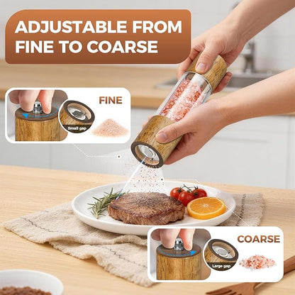 2-Pack Wooden Salt and Pepper Grinder Set - 8 Inch Manual Adjustable Ceramic Grinding, Refillable Acrylic Salt and Pepper Grinder Set, Custom Coarse to Fine Settings, for Home Dining & Gifts - Image 3