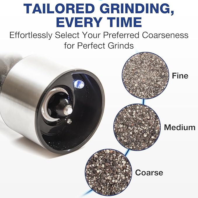 Eparé Salt or Pepper Grinder Mill Electric – Battery Operated Stainless Steel Mill with LED Light, Adjustable Ceramic Core, and One-Hand Push Button for Effortless Seasoning and Cooking - Image 2