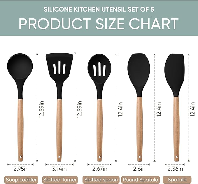 Herogo 5-Piece Cooking Utensils Set, Silicone Kitchen Utensils Set with Wooden Handle, Heat Resistant Cooking Tools Slotted Turner, Spoon, Soup Ladle, Spatula, Spoonula for Nonstick Cookware, Black - Image 2