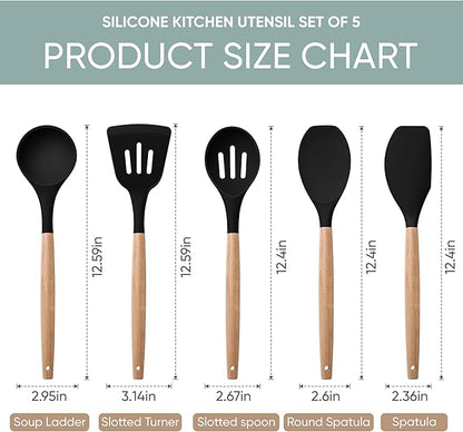 Herogo 5-Piece Cooking Utensils Set, Silicone Kitchen Utensils Set with Wooden Handle, Heat Resistant Cooking Tools Slotted Turner, Spoon, Soup Ladle, Spatula, Spoonula for Nonstick Cookware, Black - Image 2