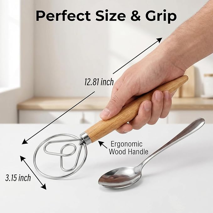 TEEVEA Danish Dough Whisk for Sourdough Bread, Wooden Handle Stainless Steel Mixing Tool - Image 6