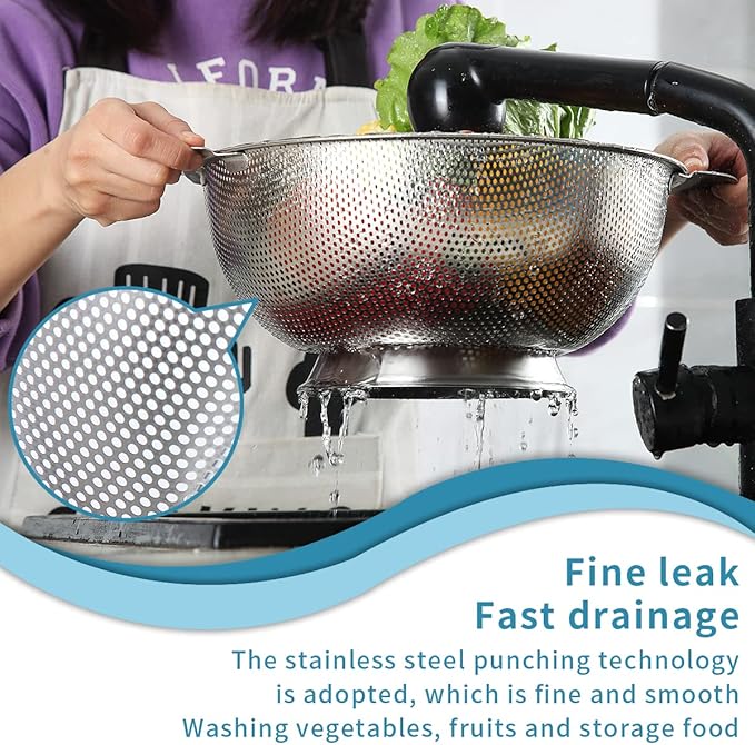 Kyraton Stainless Steel Colander 5 Quart, Professional Strainer with Heavy Duty Handles and Self Draining Solid Ring Base for Pasta, Spaghetti, Berry, Veggies, Fruits, Noodles, Salads Dishwasher Safe