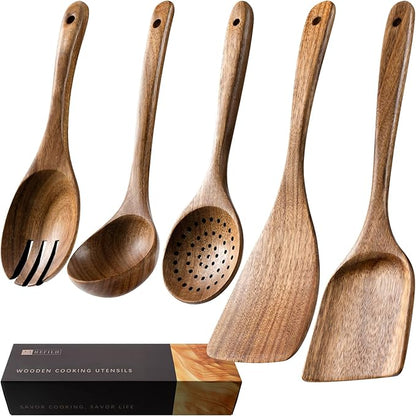 Wooden Spoons for Cooking, Nonstick Cooking Utensil Set with 5 Piece Acacia Wooden Spatulas and Spoons for Cooking, Terrific for Everyday Kitchen Tasks by HEFILD