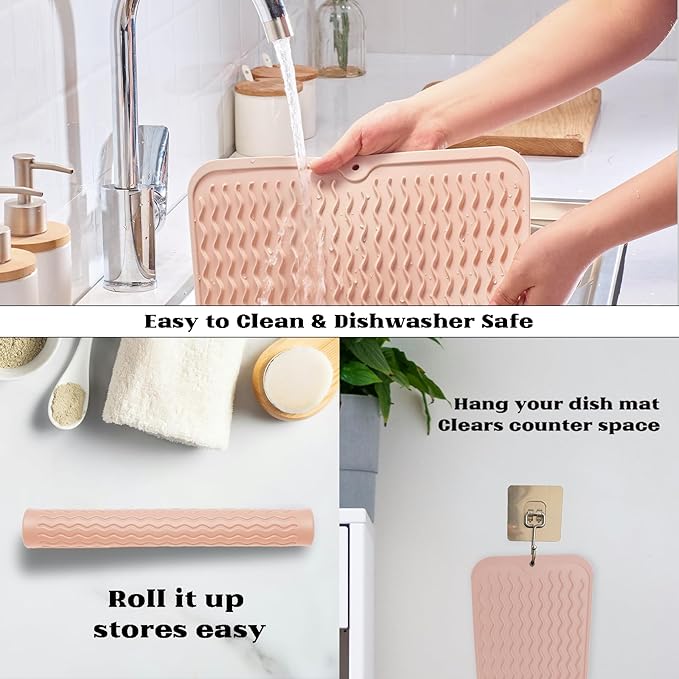 ZLR Silicone Dish Drying Mat 12" x 12" Square - Small Heat Resistant Trivet & Countertop Protector for Air Fryer, Coffee Maker - Waterproof Kitchen Drain Pad for Cups, Fruit (Peach Pink) - Image 4