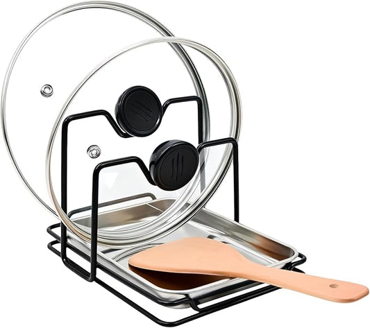 Pot Lid Holder While Cooking, 304 Stainless Steel Spoon Rest with Lid Holder for Countertop, Multifunctional Pan Lid Storage and Utensil Organizer for Stove Top