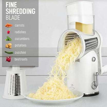 Zulay Kitchen Rotary Cheese Grater 5 Blade Cheese Shredder - Manual Hand Crank Cheese Grater With Reinforced Suction & 5 Interchangeable Drums - Easy to Use, Vegetable Chopper Round Mandoline Slicer - Image 6