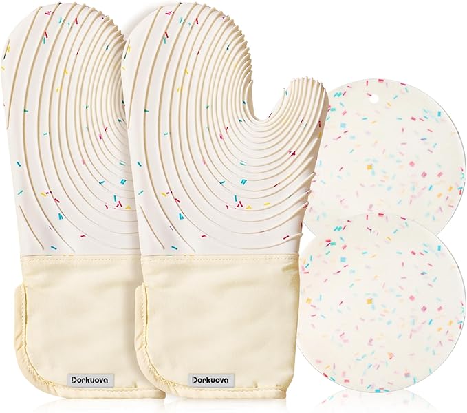 Silicone Mitts Oven,Silicone Oven Mitts Pair,Oven Gloves, BPA-Free, Long Cooking Mitts,Oven mits/Glove Set for BBQ, 4 Pieces (Milky White) by Dorkuovahome