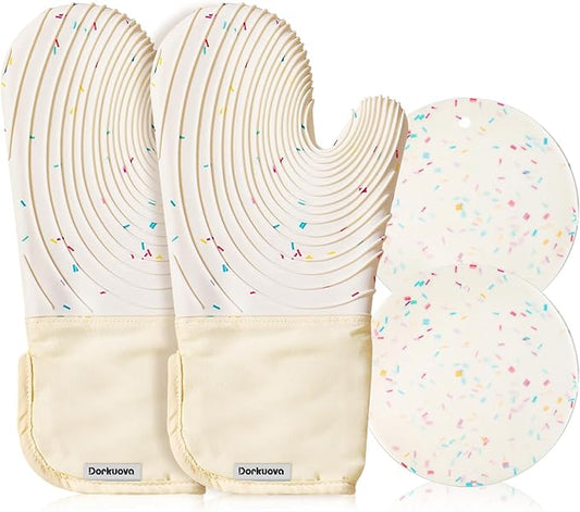 Silicone Mitts Oven,Silicone Oven Mitts Pair,Oven Gloves, BPA-Free, Long Cooking Mitts,Oven mits/Glove Set for BBQ, 4 Pieces (Milky White) by Dorkuovahome