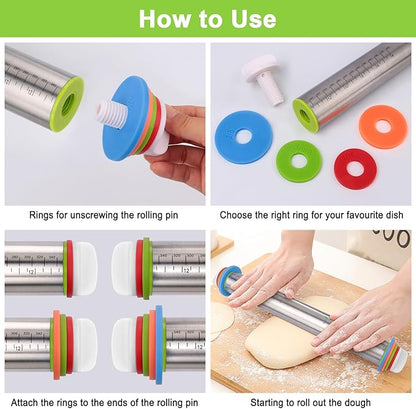 Adjustable Rolling Pin with Thickness Rings for Baking, Stainless Steel Designs Dough Roller Pins for Cookie Decorating Baking Supplies Fondant Cake Baker - Image 4