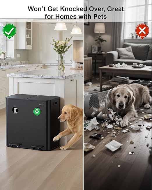 Lovewind 2×11.5 Gallon Dual Trash Can, Stainless Steel Dual Garbage and Recycling Can with Foot Pedal, 90° Stay-Open Lid, Pet-Proof Design – Large Dual Compartment Trash Recycling Bins Kitchen, Black