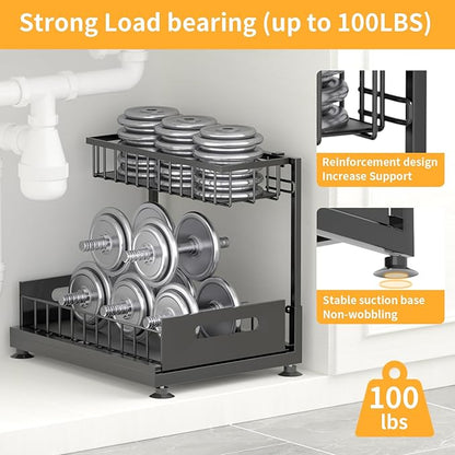 Saydear Under Sink Organizer Storage 2-Tier Premium Metal Pull-Out Kitchen Cabinet Organizer with Sliding Drawer, Height Adjustable, Heavy Duty for Kitchen & Bathroom Organizers 2 Pack Black - Image 5