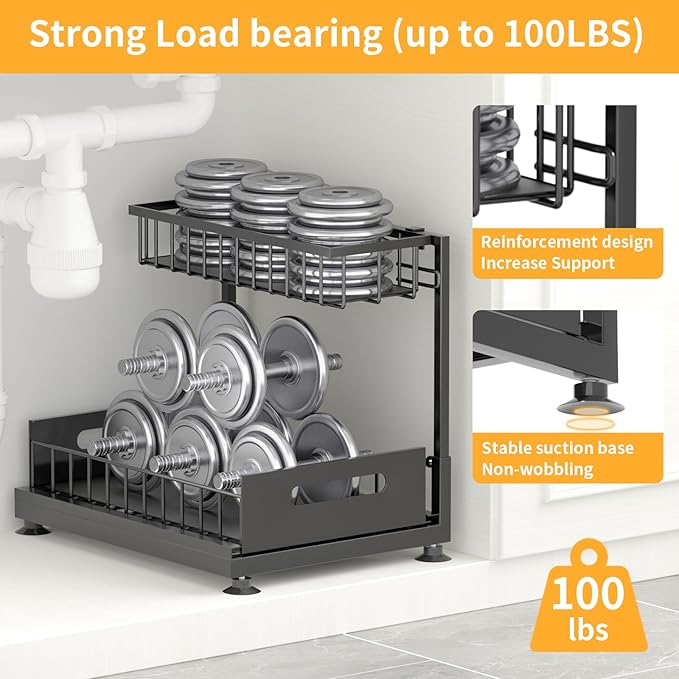 Saydear Under Sink Organizer Storage 2-Tier Premium Metal Pull-Out Kitchen Cabinet Organizer with Sliding Drawer, Height Adjustable, Heavy Duty for Kitchen & Bathroom Organizers 1 Pack Black - Image 5