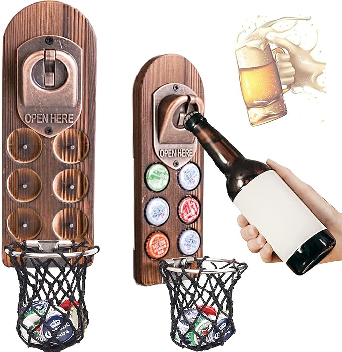Wooden Beer Bottle Openers with Magnetic Catcher, Personalised Traceless Bottle Opener Wall Mounted, Home Bar Accessories for Kitchen, Garden, Outdoor, Ideal Beer Gifts for Men (Style 5)
