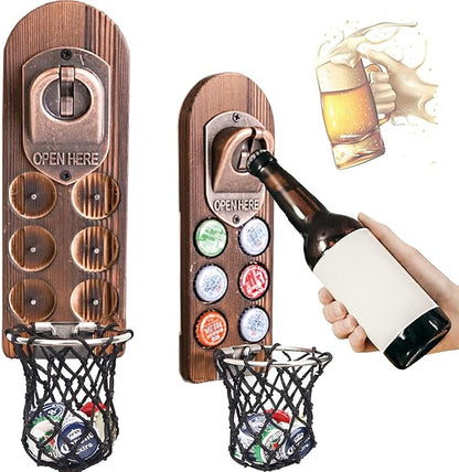 Wooden Beer Bottle Openers with Magnetic Catcher, Personalised Traceless Bottle Opener Wall Mounted, Home Bar Accessories for Kitchen, Garden, Outdoor, Ideal Beer Gifts for Men (Style 5)