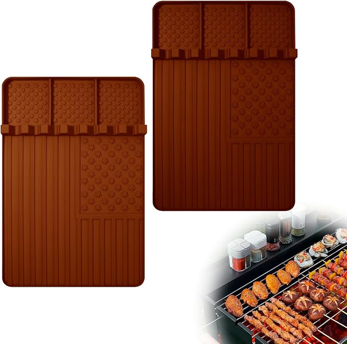 2 PCS Silicone Grill Mat Compatible with Blackstone, BBQ Griddle Tools Mat with Drip Pad, Spatula for Outdoor Kitchen Counter, Gifts for Men(brown-2)