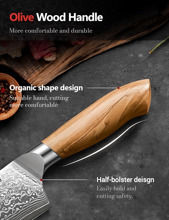Emojoy Damascus Kitchen Knife Set, 3 PCS Japanese Chef Knife Set, 67-Layers Damascus Knife with Original Olive Wood Handle, Include Wooden Gift Box - Image 5