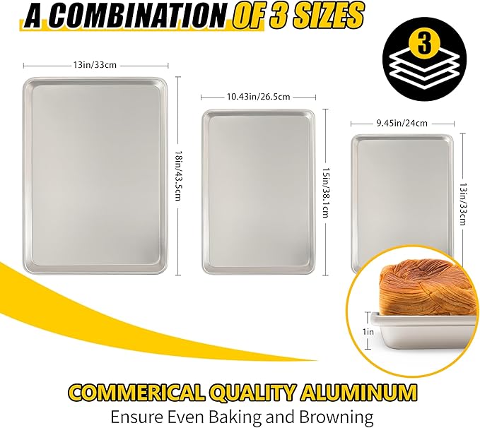 Baking Sheet Pan Set of 3, Commercial Quality Aluminum Cookie Sheets for Oven, Umite Chef Warp Resistant Baker's Half/Quarter/Jelly Roll Pans, Thick Cookie Tray Pans for Baking, Roasting - Image 2