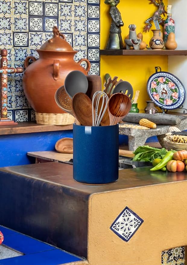 Nucookery Utensil Holder, 6.4" Ceramic Kitchen Utensil Holder for Countertop with Protection Cork Bottom, Vintage Farmhouse Kitchen Decor for Counter, Gift (Royal blue) - Image 6