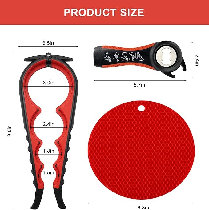 Jar Opener for Weak Hands, Seniors with Arthritis, 5 in 1 Multi Function Bottle Opener Lid Opener For Arthritic Hands with Non Slip Rubber Jar opener Gripper Pad(red) - Image 6