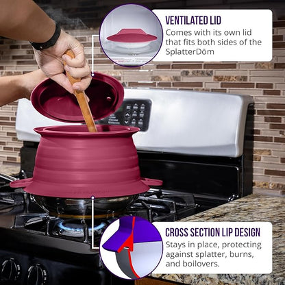L.I.Q Silicone Splatter Guard – Fits 10 and 12 Inch Pots (25 and 30 Centimeters) – Microwave Safe and Durable SplatterDom - Includes 10” Lid - Food and Oil Splash Guard (Bordeaux, Large)