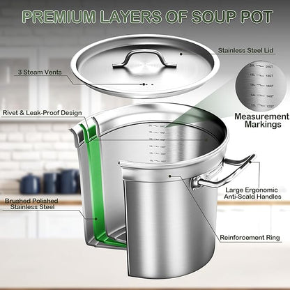 Stock Pot-20QT Stainless Steel Stockpot with Lid, Heavy Duty Tri-Ply Bottom Commercial Grade Large Stock Pot & Stockpots for Boiling Cooking Soup Stew Canning Cooking Pots,Big Stockpot, Deep Cookware