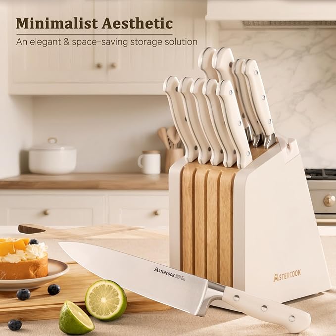 Astercook Knife Set, Kitchen Knife Set with Block and Sharpener, 12 Pcs Ultra-Sharp High Carbon Stainless Steel Knife Block Set with Non-Slip Full Tang Ergonomic Handle, Cream White Mothers Day Gifts