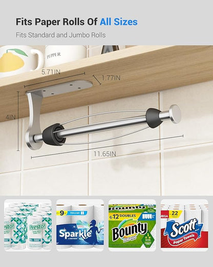 Paper Towel Holder Under Cabinet, One-Handed Tear, Wall Mount, Adhesive, Silver, Paper Roll Holder with Ratchet Mechanism for Kitchen Bathroom Farmhouse Essentials Decor Accessories - Image 4