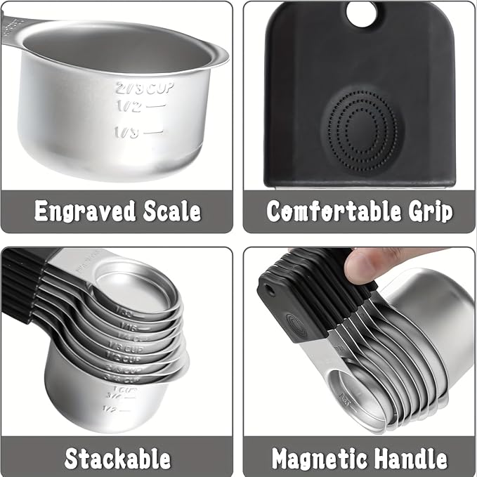 Magnetic Measuring Cups,Stainless Steel Kitchen Aid Cups Measuring set for Liquid & Dry Ingredient,Easy to Read Dishwasher Safe 5 Pcs Black