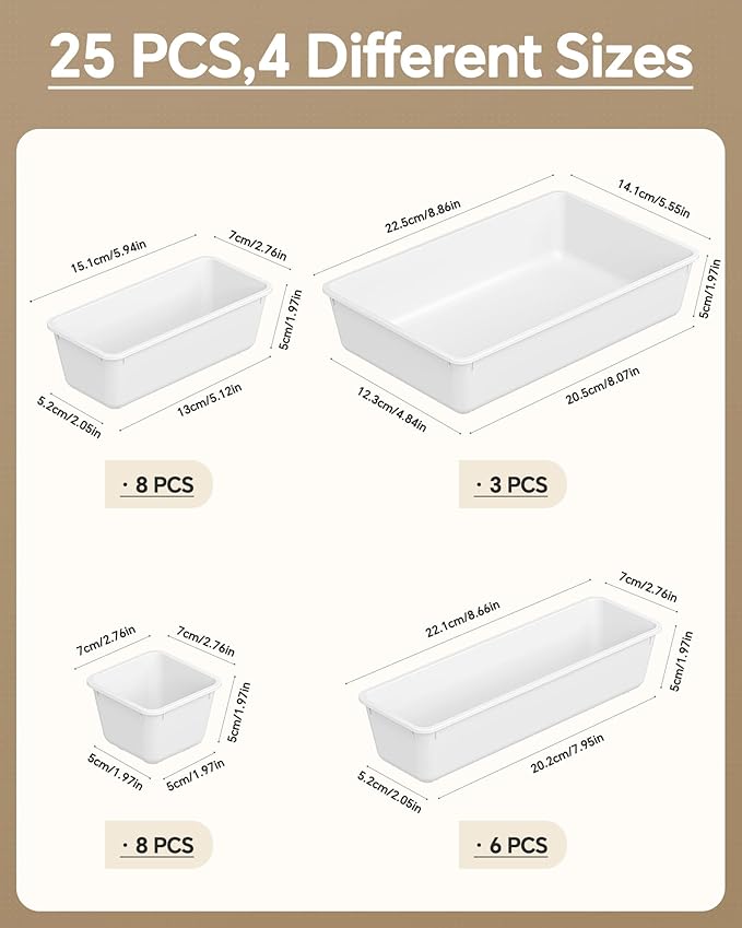 KEMETHY 25 PCS Plastic Drawer Organizers Set, 4 Sizes Vanity Organizer, Makeup and Desk Drawer Organizer Trays, Organization and Storage for Makeup, Bathroom, Kitchen Utensils and Office (White) - Image 2
