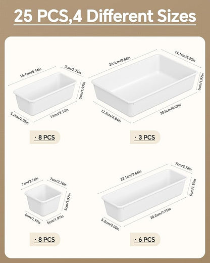 KEMETHY 25 PCS Plastic Drawer Organizers Set, 4 Sizes Vanity Organizer, Makeup and Desk Drawer Organizer Trays, Organization and Storage for Makeup, Bathroom, Kitchen Utensils and Office (White) - Image 2