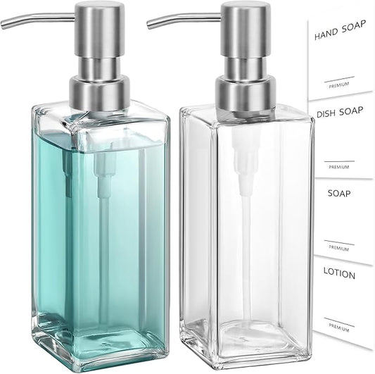GMISUN Glass Soap Dispenser with Stainless Steel Pump, Clear Hand Soap Dispenser for Bathroom, 12 fl oz/350ml Hand and Dish Soap Dispensers Set for Kitchen, Refillable Liquid Soap and Lotion Bottle by GMISUN