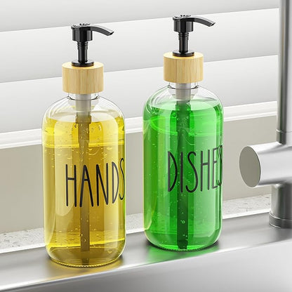 Cisily Dish Soap Dispenser Set with 2 Pack 16.9oz Clear Glass Bottle, Dish Soap Dispensers, Vintage Hand and Dish Soap Dispensers Set - Image 2