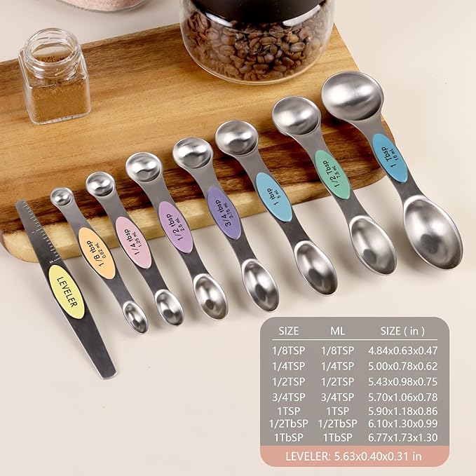 ChefAide Pack of 8 Stainless Steel Magnetic Measuring Spoons Set, Dual Sided, Stackable, Adjustable Teaspoon and Tablespoon Measure Spoon with Leveler, Kitchen Gadgets - Image 2
