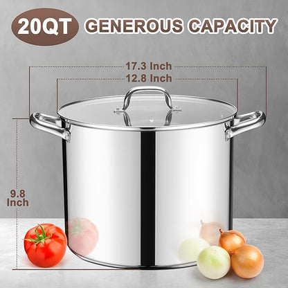 20 Qt Large Stock Pot, E-far Stainless Steel Stockpot with Lid for Boiling Cooking Soup Stew Canning, Heavy Duty Tri-Ply Bottom Works w/Induction, Commercial Grade & Dishwasher Safe - Image 2